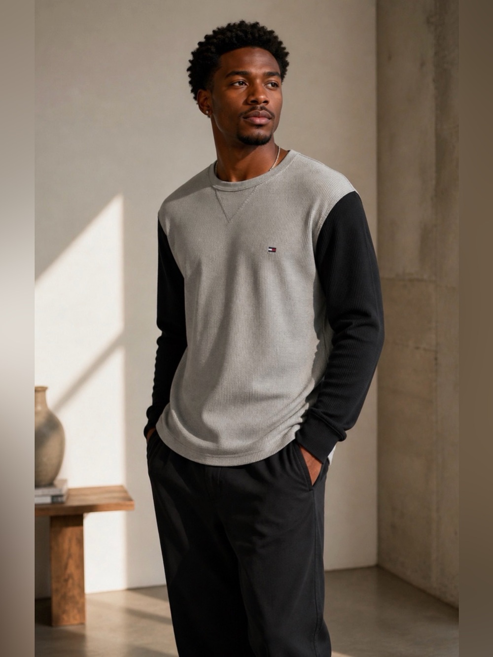 NWT: Tommy Hilfiger Long Sleeve Crewneck — Gray Body with Black Sleeves